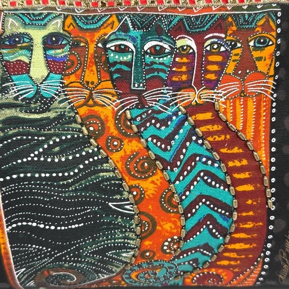 NEW Laurel Burch Fantastic Felines Cat Shoulder Tote Bag Purse Beaded Black - Picture 3 of 10